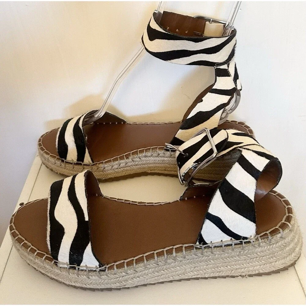 Franco Sarto Zebra Haircalf Espadrille Platform Sandals Ankle Strap US 10